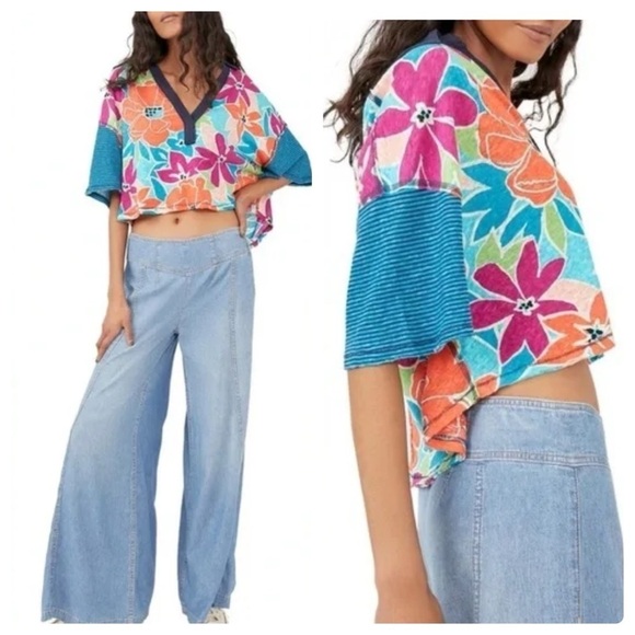 Free People | Floral Boxy Cropped On A Boat Polo Top | M - Picture 1 of 16